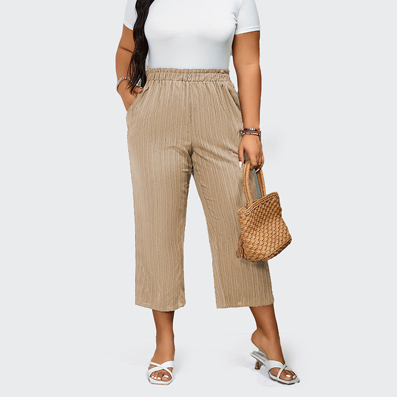 Women's Pleated Trousers - High-Rise Elastic Waist - Wide-Leg Cropped Fit