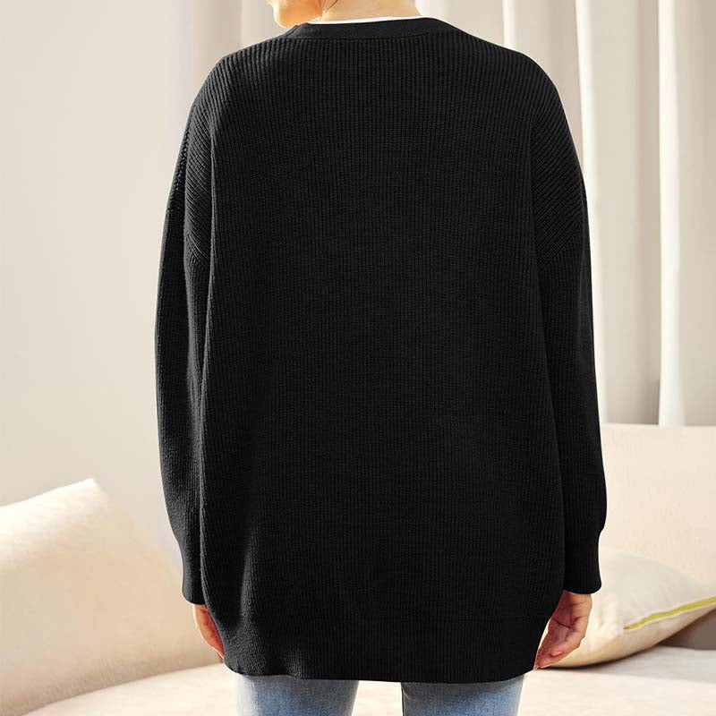 Women's versatile button V-neck solid color knit cardigan