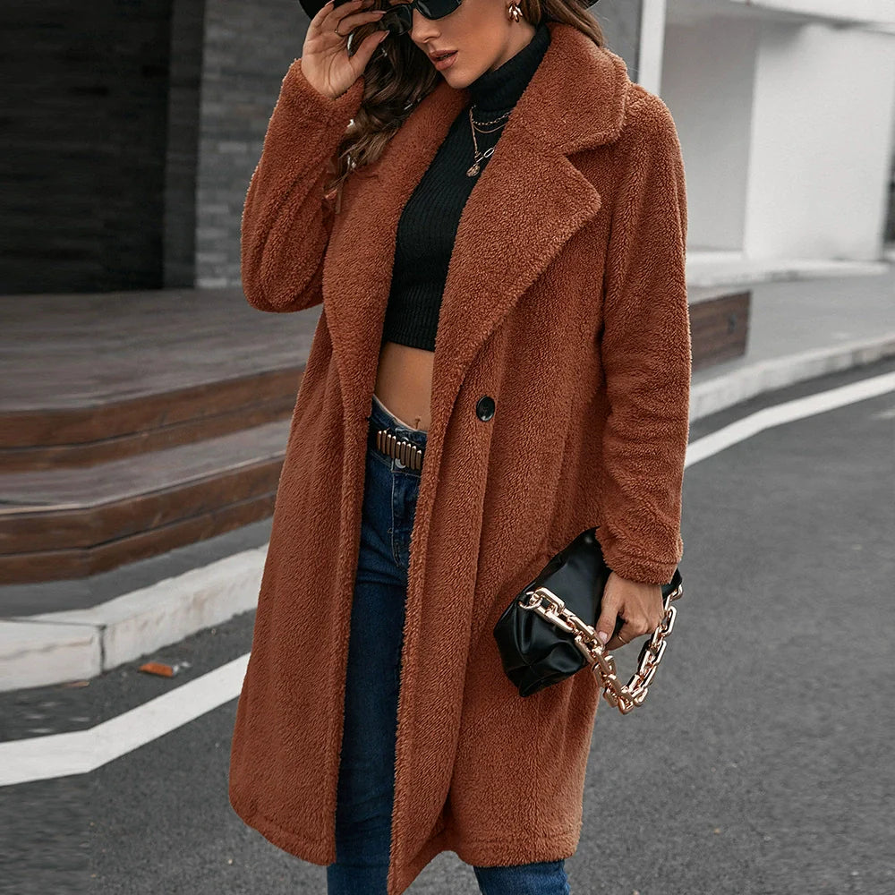 Women’s Windbreaker Coat – Relaxed Fit – Wool-Like Texture – Single-Breasted – Mid-Length