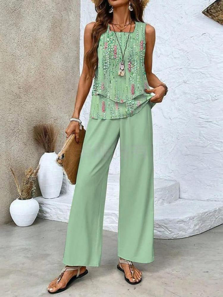 Women’s Two Piece Set – Sleeveless Layered Top – Wide Leg Floral Pants – Breathable Blend
