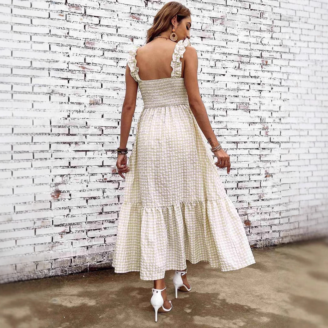 Women’s A-Line Maxi Dress – Smocked Bodice – Tiered Skirt – Spaghetti Straps – Checkered Pattern