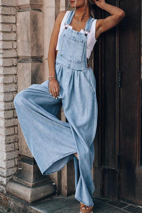 Women's Denim Jumpsuit - Wide Leg Relaxed Fit - Adjustable Straps - Bib Front