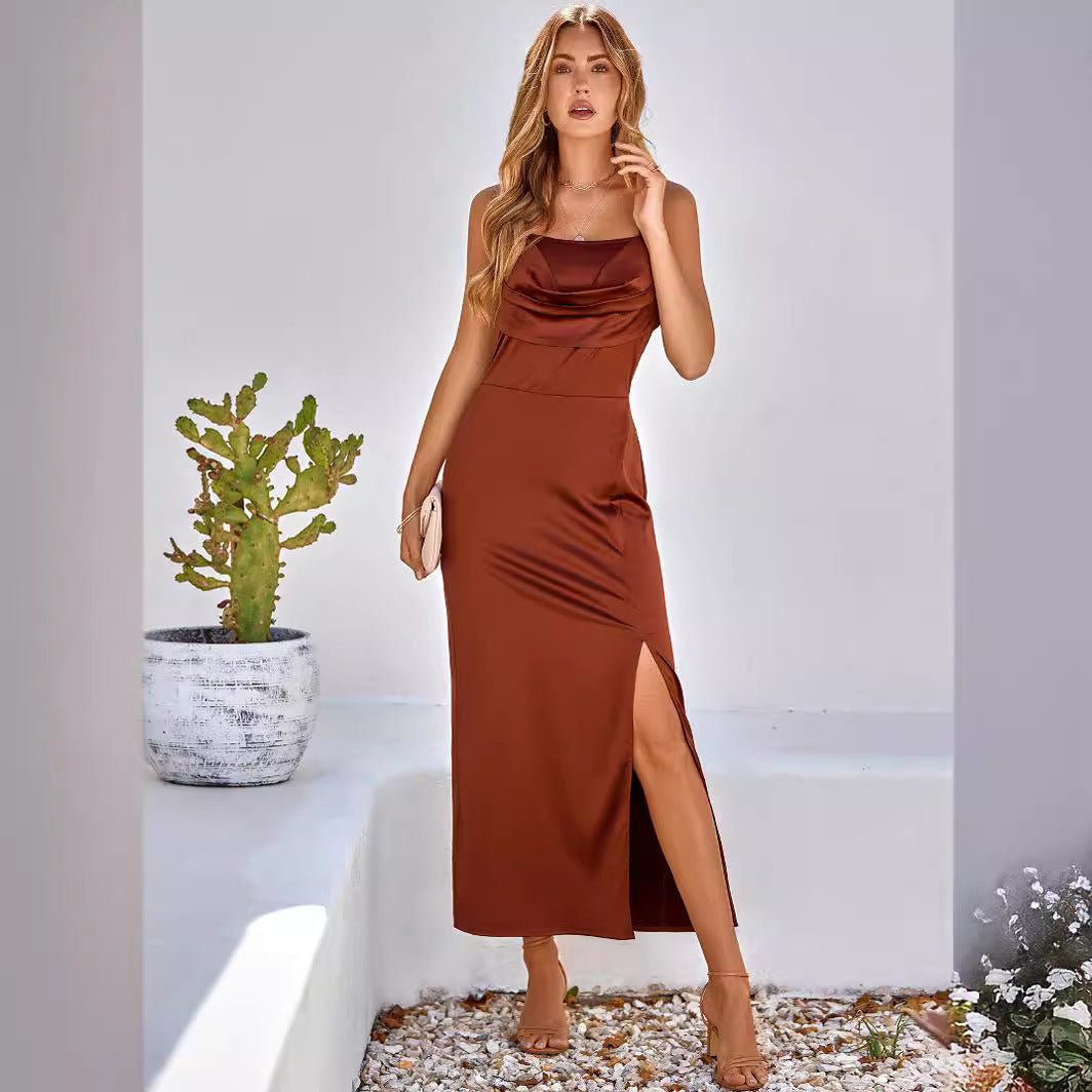 Women’s Maxi Dress – Satin-Like Fabric – Slim Fit – Cowl Neck – Side Slit – Spaghetti Straps