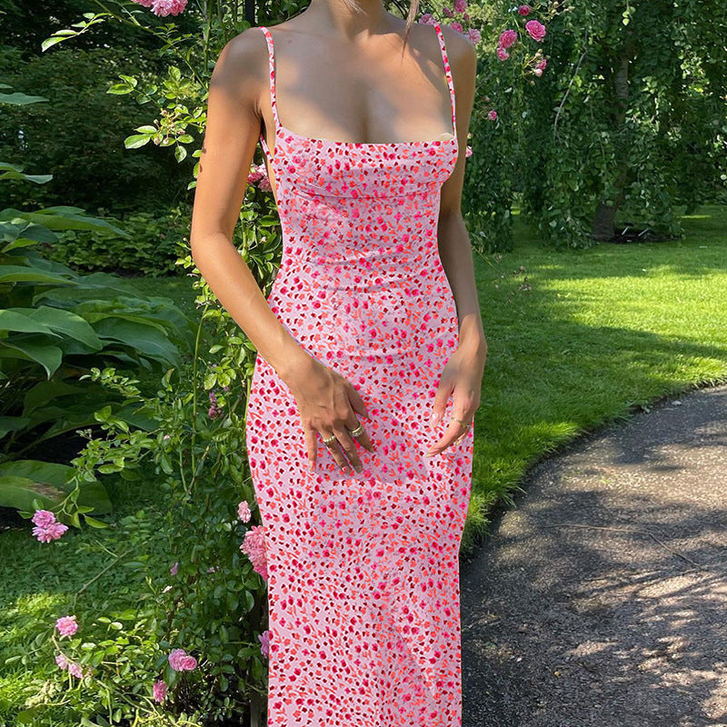 Women's Cami Dress - Cowl Neck - Spaghetti Straps - Floral Print - Fitted Silhouette