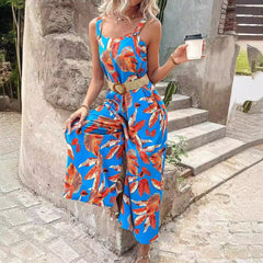 Women’s Jumpsuit – Tailored Waist – Floral Design – Wide Leg – Breathable Blend