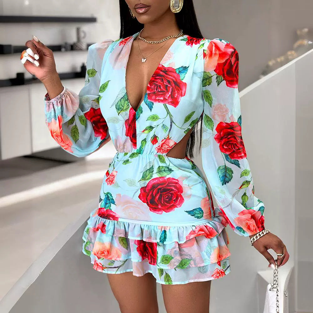 Women's Mini Dress - Plunging V-Neck - Long Puff Sleeves - Fitted Waist - Ruffled Hem