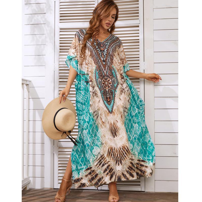 Women's Kaftan Dress - Flowy Lightweight Long Length - Boho V-Neck Short Sleeve