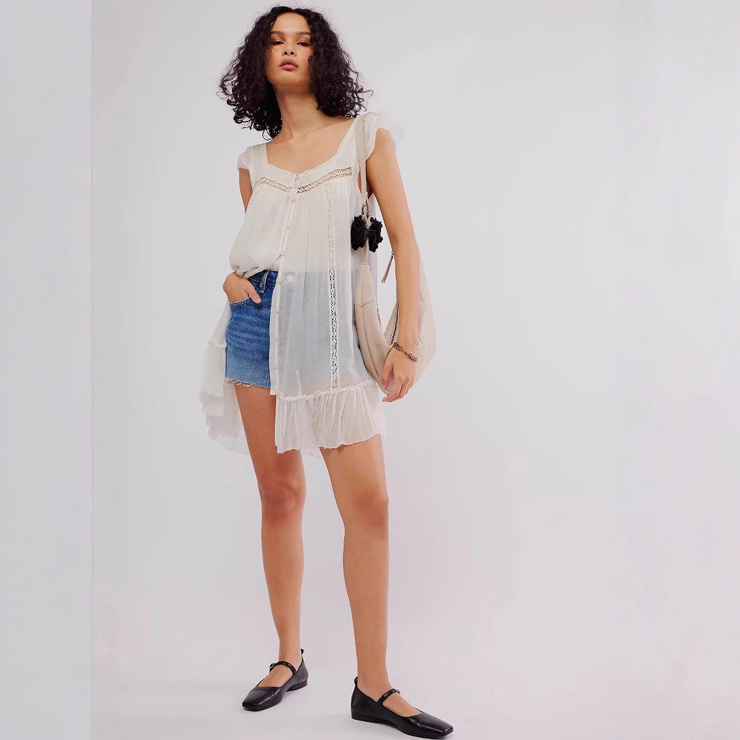 Women’s Mini Dress – Chiffon – Sleeveless Loose Fit – Lace Trim – Button Front – Ruffled Hem