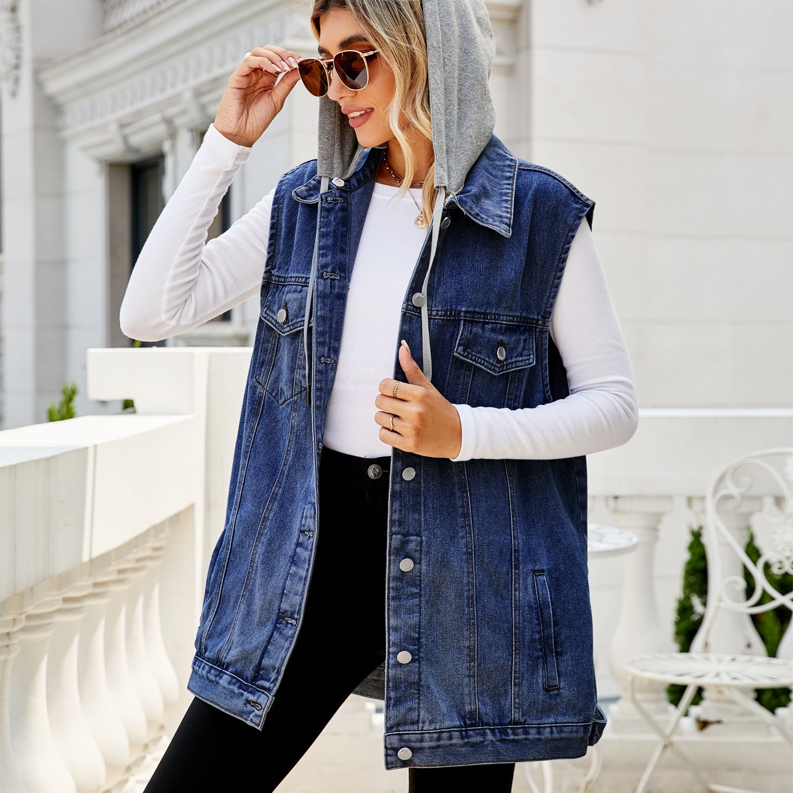 Drawstring Hooded Denim Casual Vest