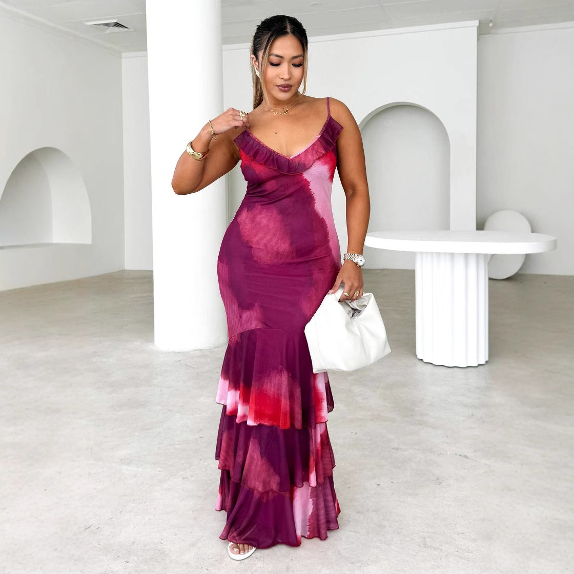 Women’s Maxi Dress – Slim Fit – Spaghetti Straps – Ruffle Neckline – Tiered Skirt