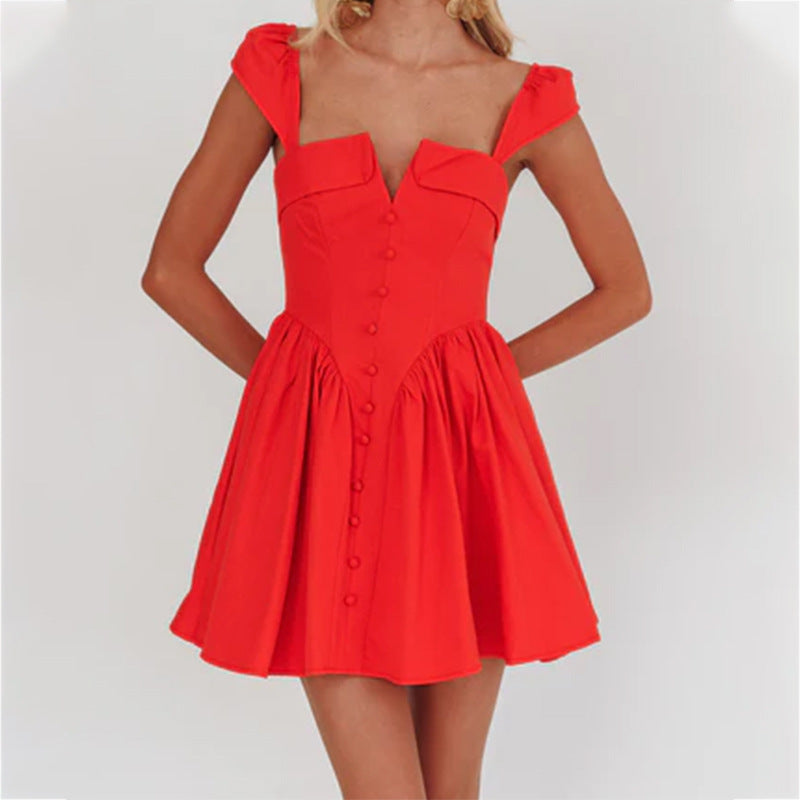 Women’s Sleeveless Mini Dress – Fitted Bodice – Pleated A-Line Skirt – Square Neckline