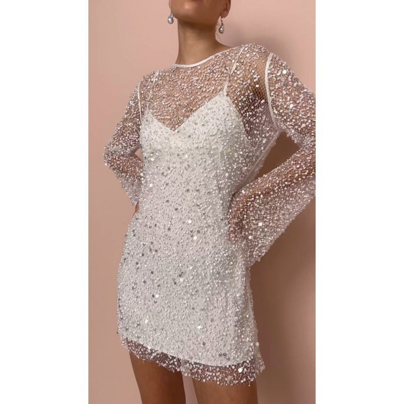 Women’s Mini Dress – Slim Fit – Sequin Embellished – Sheer Mesh Overlay – Long Sleeve