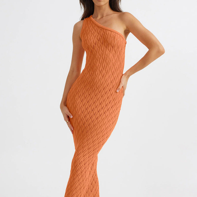 Women’s One-Shoulder Knit Dress – Fitted Silhouette – Openwork – Full Length