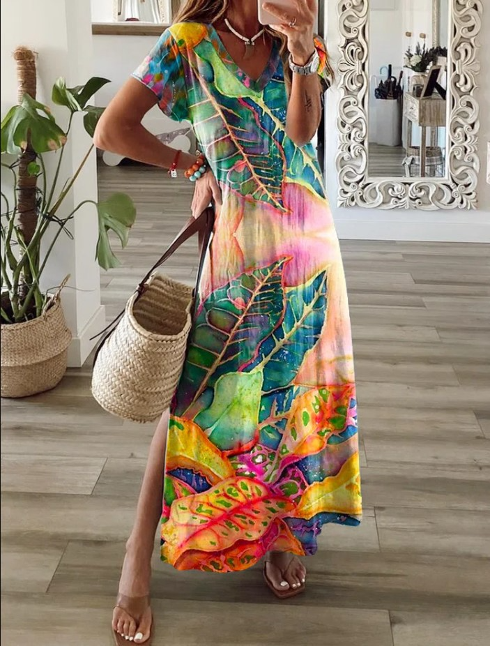 Women's Maxi Dress - V-Neck - Short Sleeve - Flowy Fit - Side Slit Casual Wear