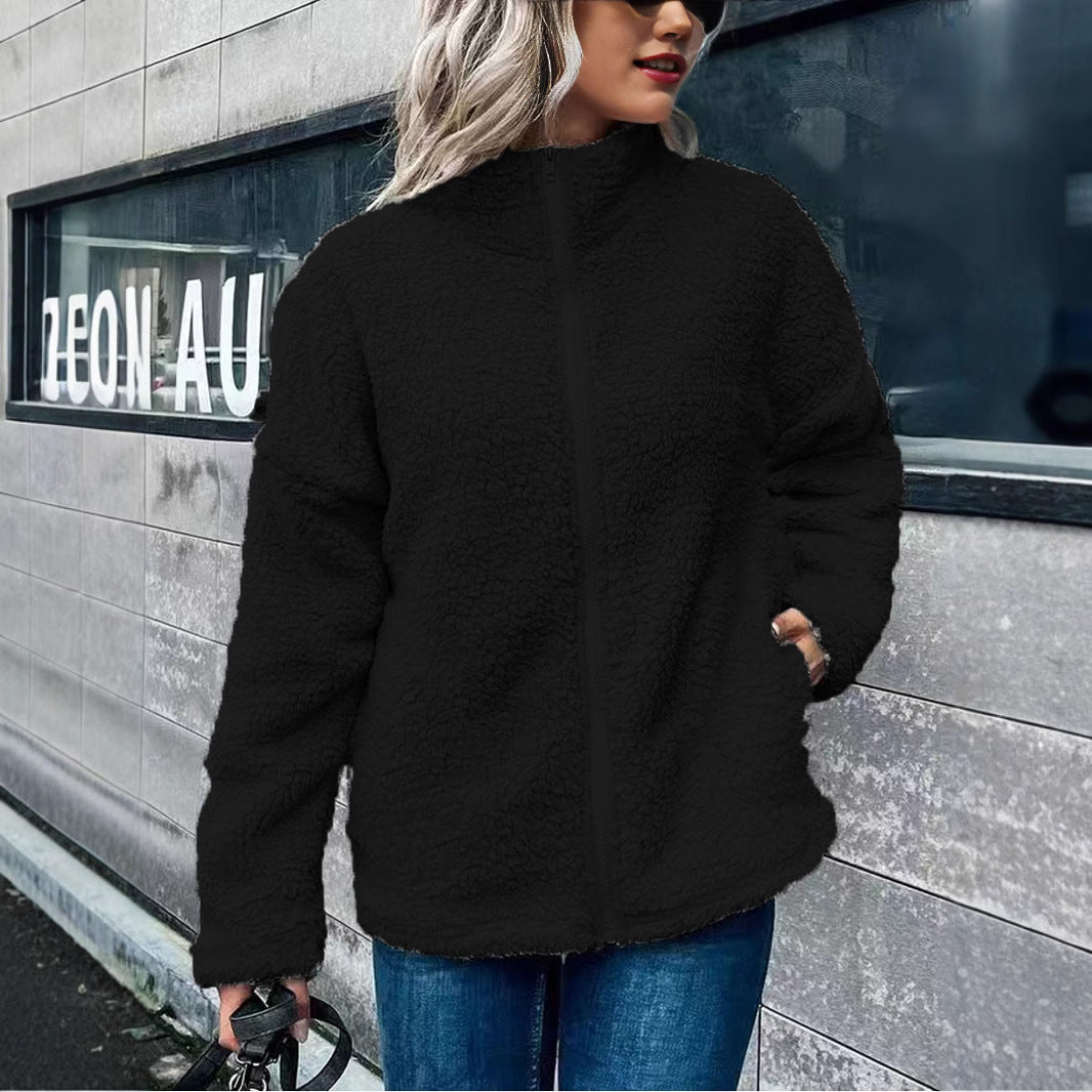 Women’s Fleece Jacket – Oversized Fit – Plush Texture – Stand Collar – Zip Front