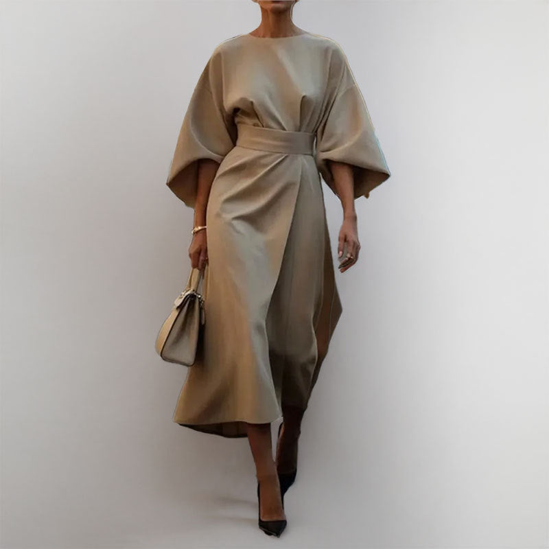 Women’s Long Dress – Satin Feel – Fitted Waist – Batwing Sleeve – Elegant Flow