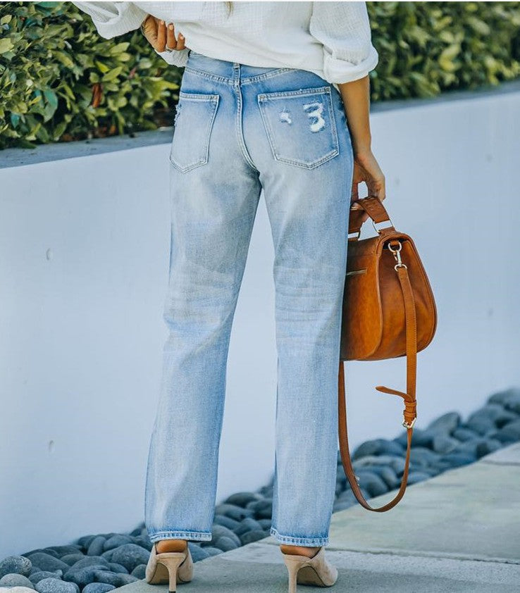 Solene - blue high waist distressed straight jeans