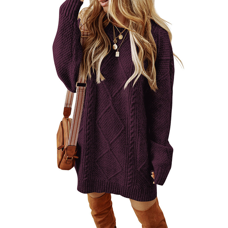 Women’s Sweatshirt – Cable Knit Wool – Loose Fit – Knee Length – Long Sleeve Casual Wear