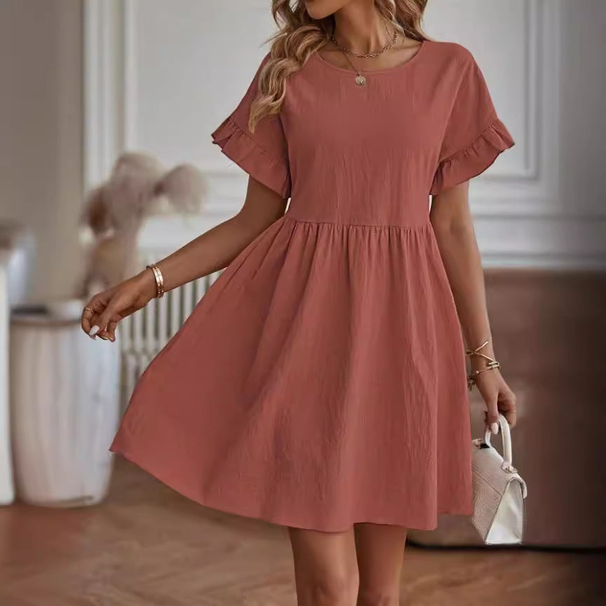 Women’s Knee-Length Dress – Cotton Linen Blend – Loose Fit – Ruffle Sleeve Casual Wear