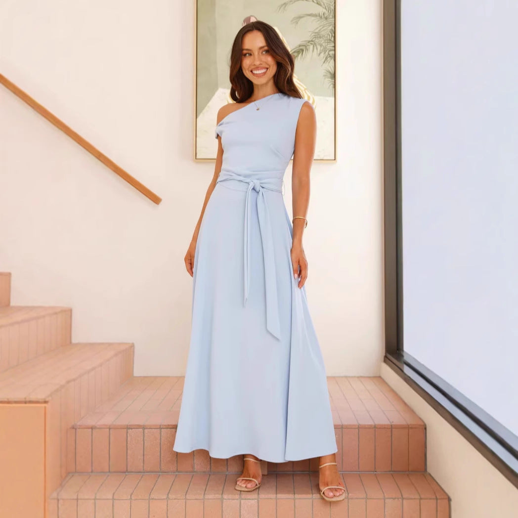 Women’s Maxi Dress – One-Shoulder Asymmetrical Neckline – Waist Tie – Flowy Fit
