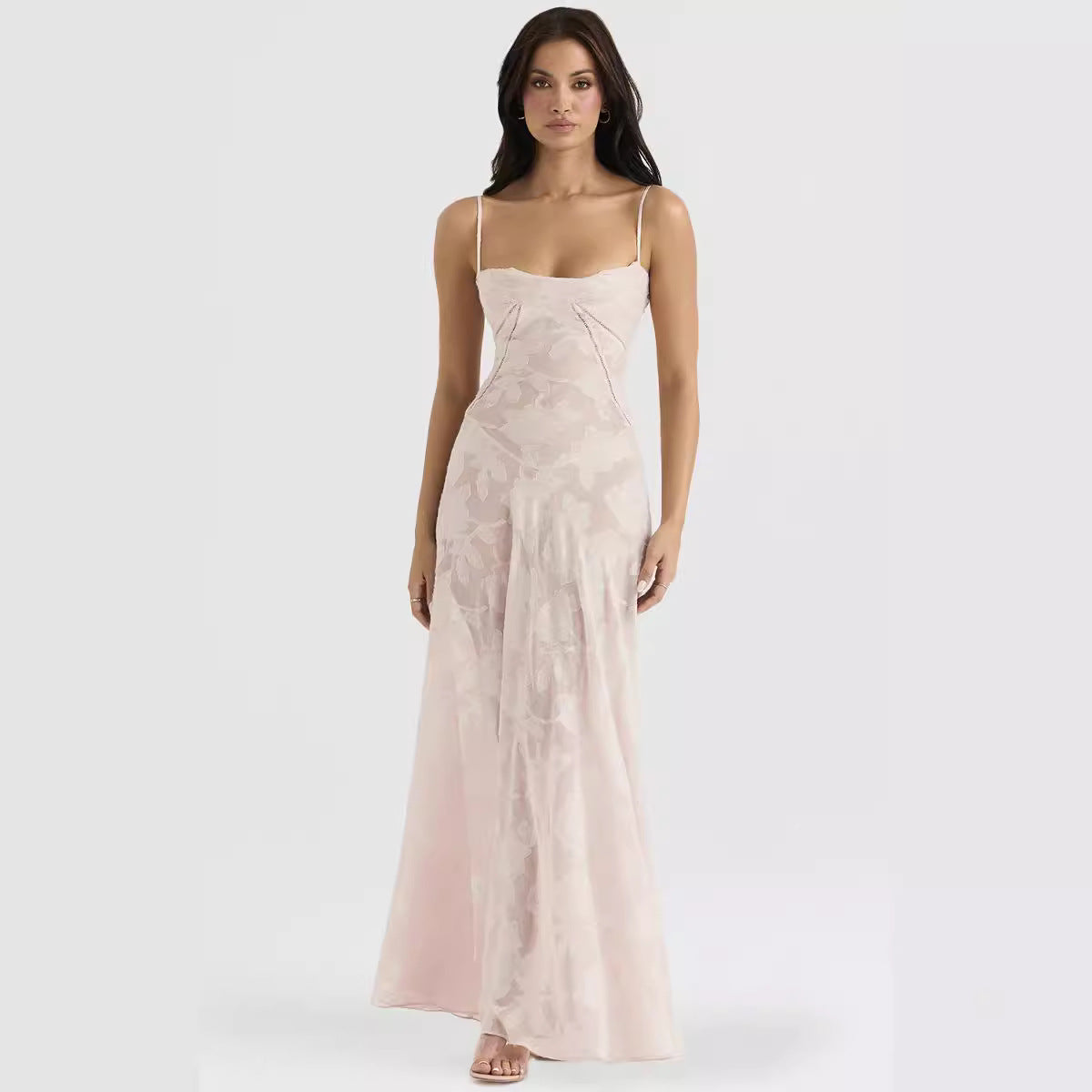 Women’s Evening Gown – Chiffon Slim Fit – Spaghetti Strap – Embroidered Full Length