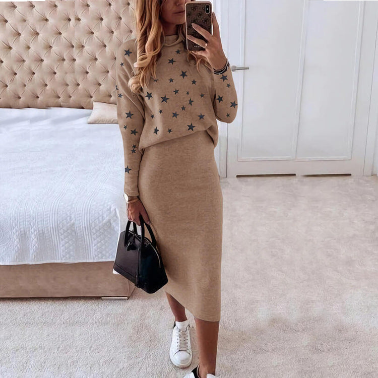 Women’s Two-Piece Set – Knit High Neck Top with Stars – Slim Fit Midi Skirt