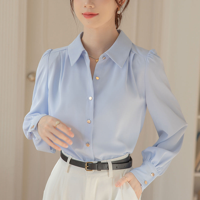 Women's Elegant Button-Up Blouse - Puff Shoulder Design