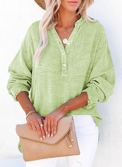 Women’s Long Sleeve Top – Relaxed Fit – Natural Fibers – Pleated Button Front