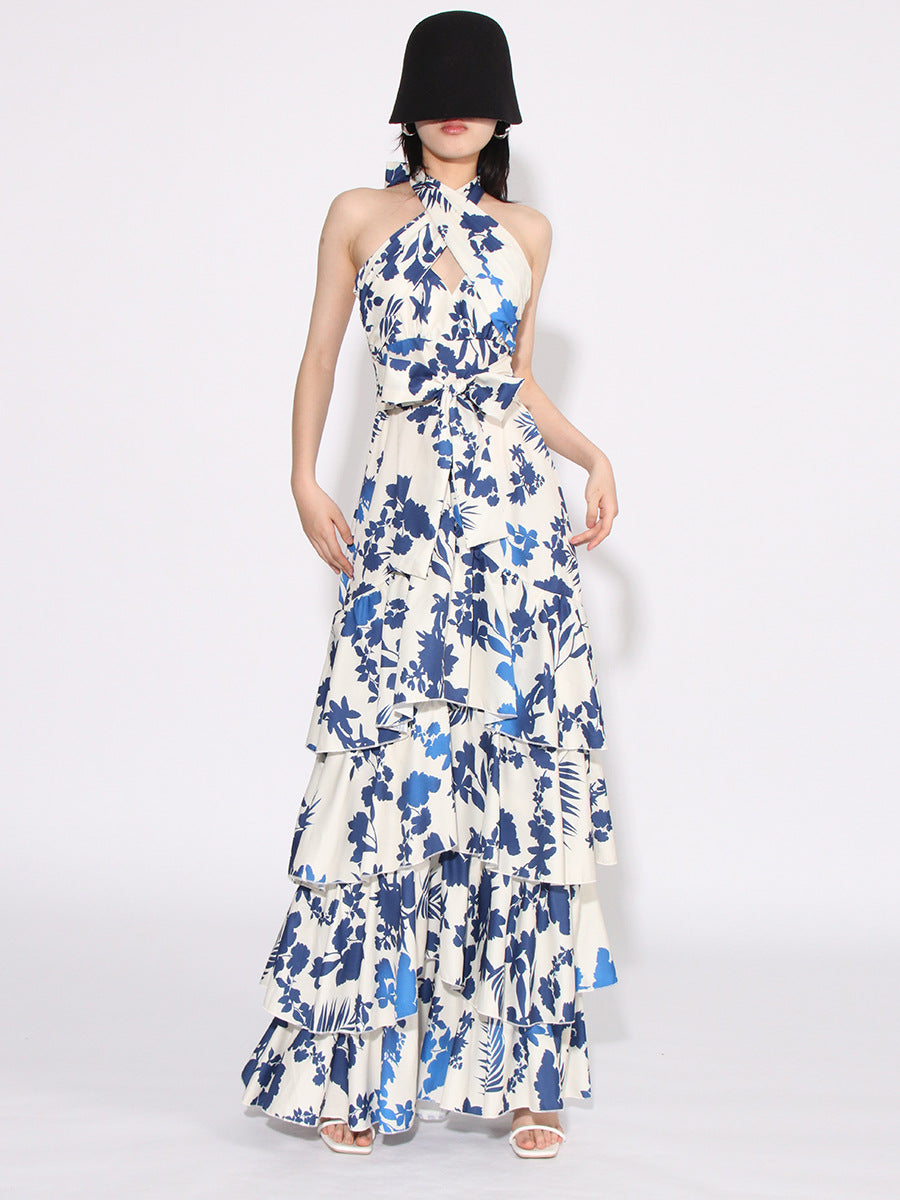 Women's Evening Gown - Halter Neck Cutout - Floral Print - Tiered Ruffle Floor-Length