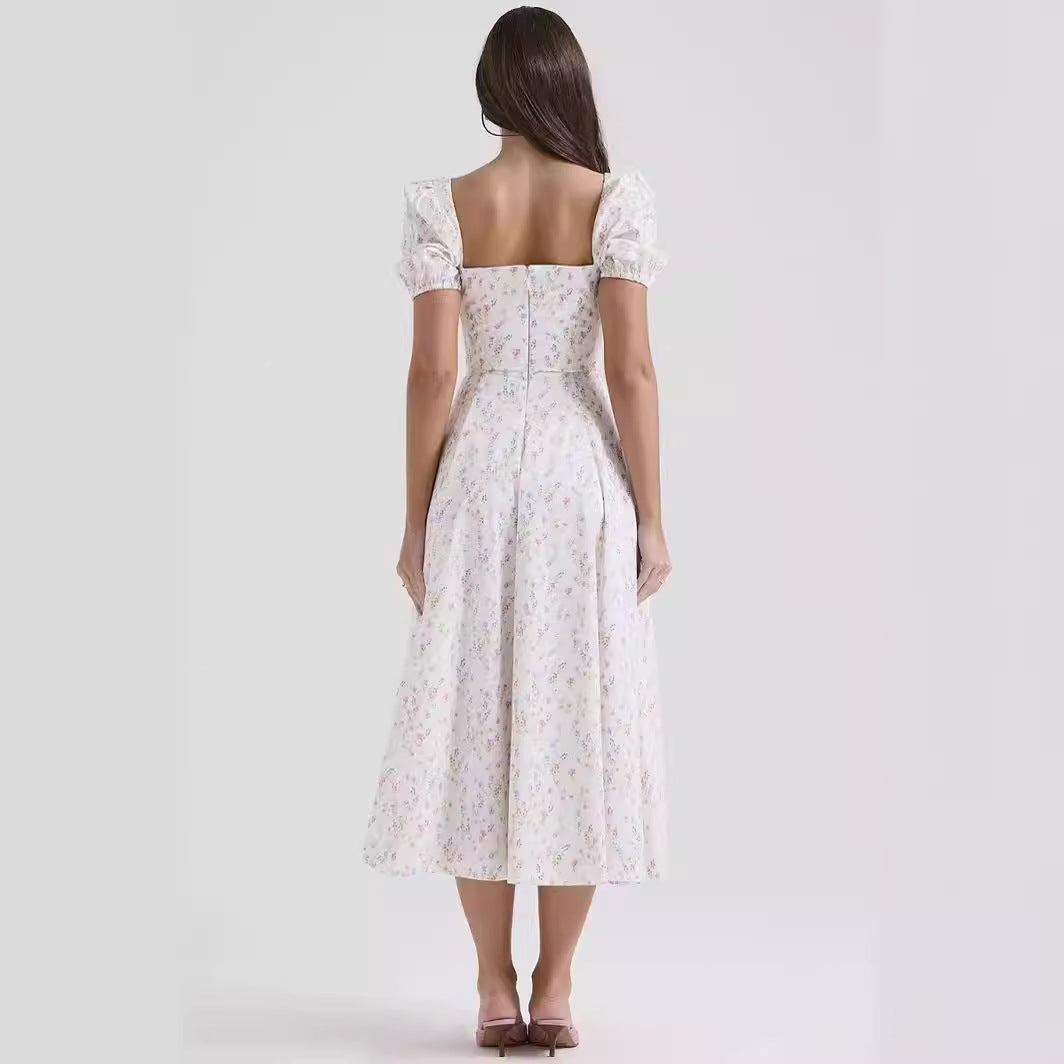 Floral Print Puff Sleeve A-Line Midi Dress