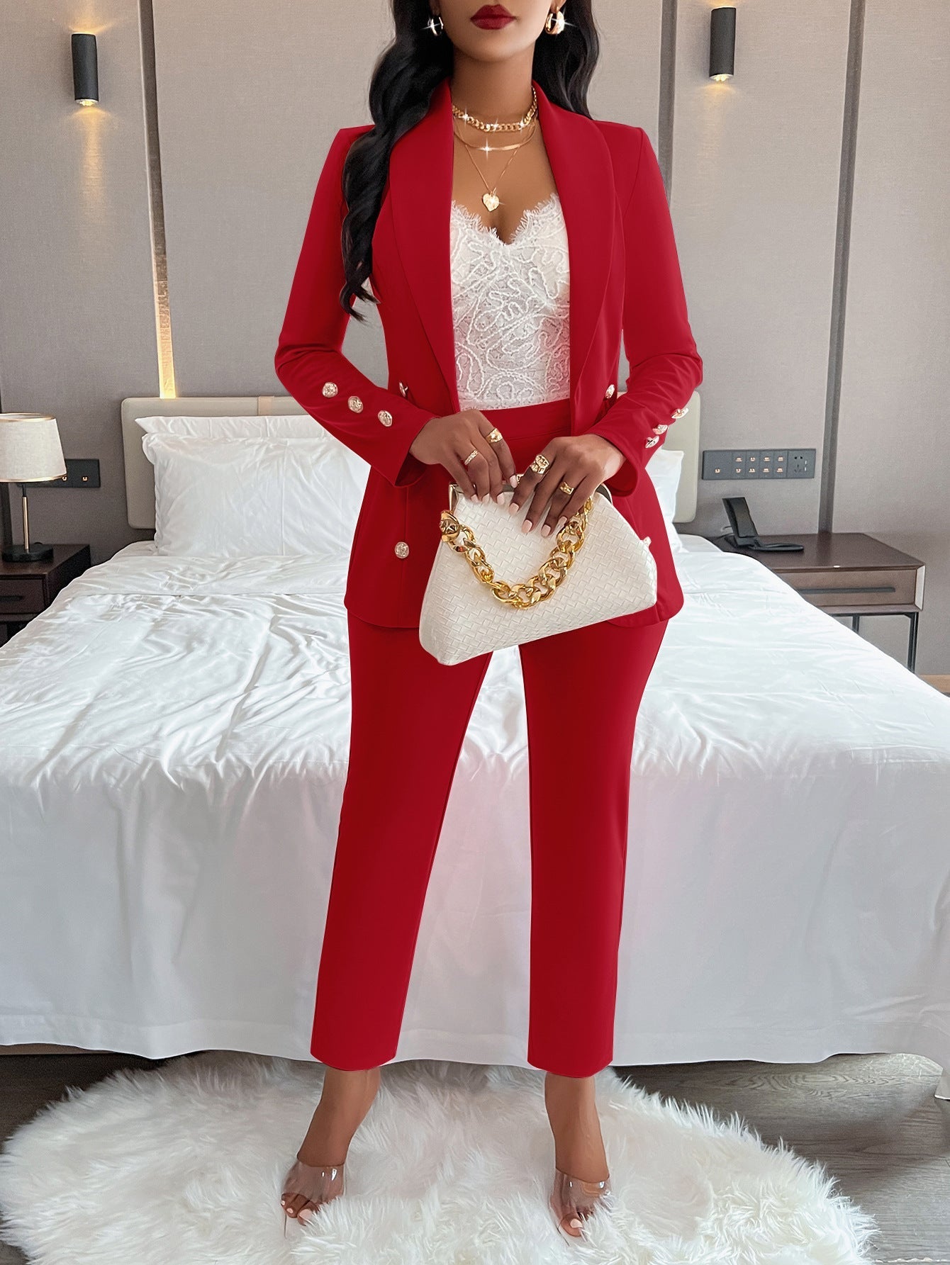 Women's double-breasted casual suit set with long sleeves