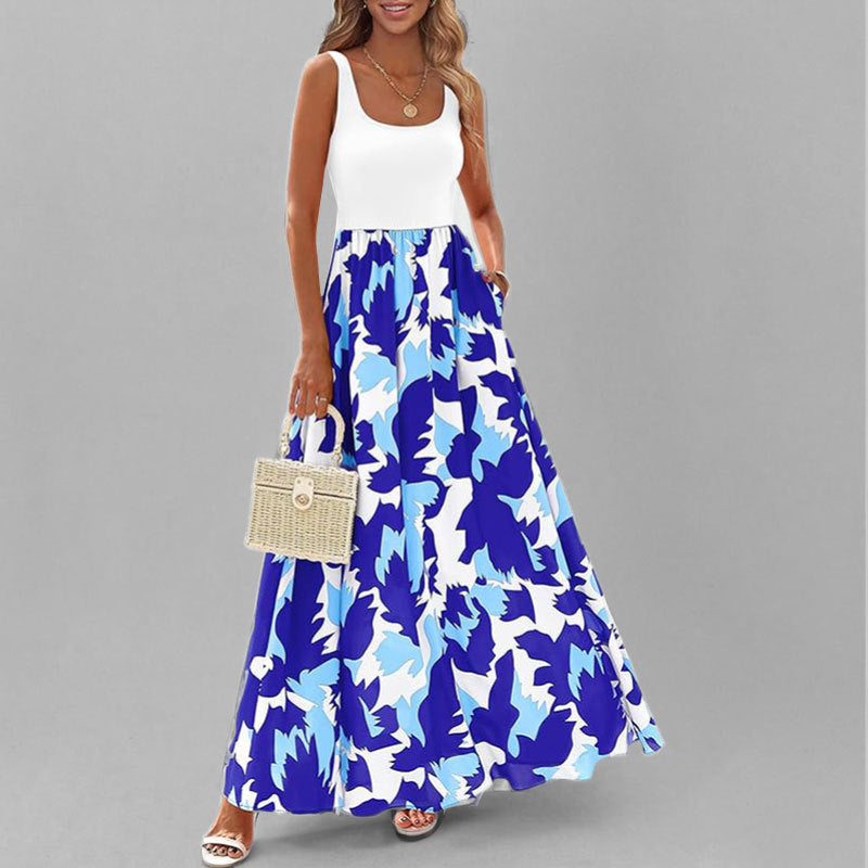 Women’s Maxi Dress – Sleeveless Scoop Neck – High Waist – A-Line Flowy Fit – Printed Skirt