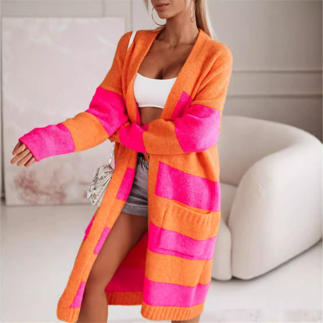 Women’s Knit Cardigan – Oversized Fit – Longline Open Front – Striped – Ribbed Cuffs