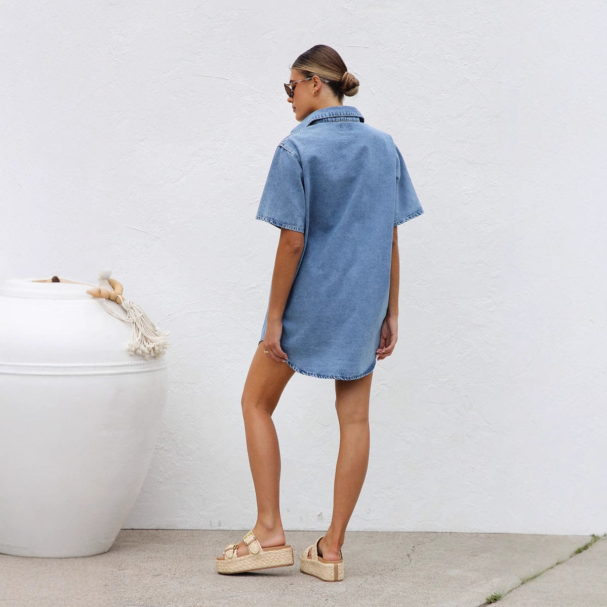 Women’s Shirt Dress – Denim Fabric – Oversized Fit – Button-Down – Short Sleeve