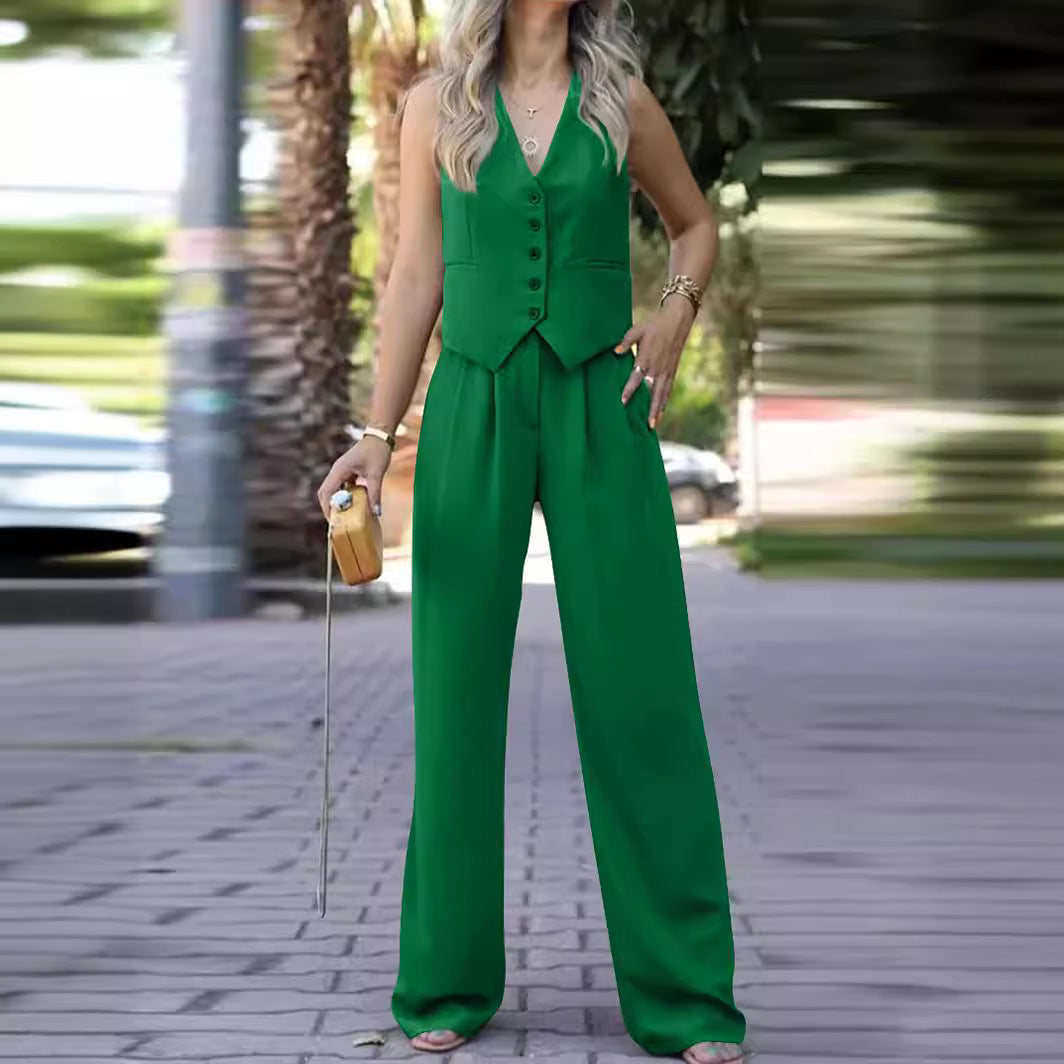 Women's sleeveless v neck vest with wide leg pants set