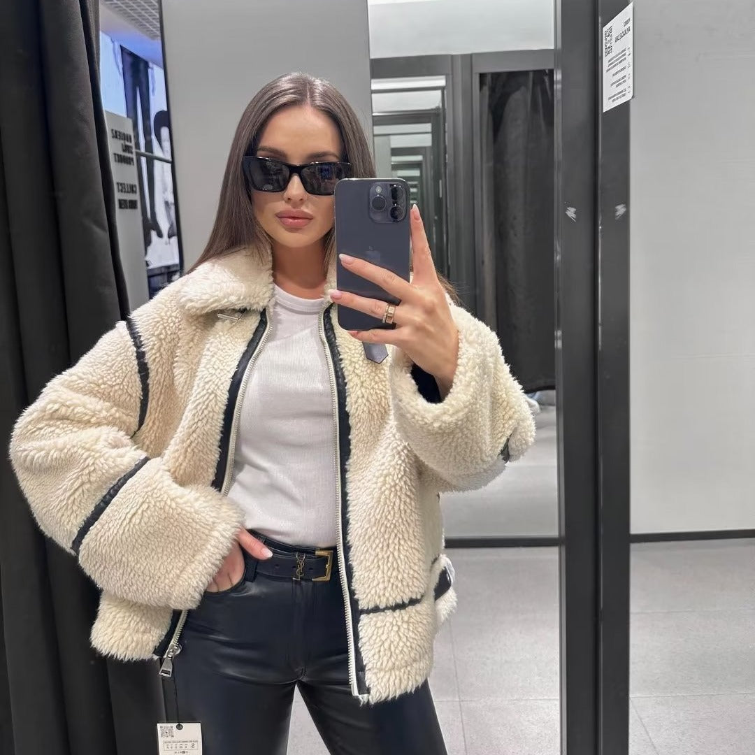 Women's Shearling Jacket - Plush Textured - Fold-Over Collar - Zip Closure