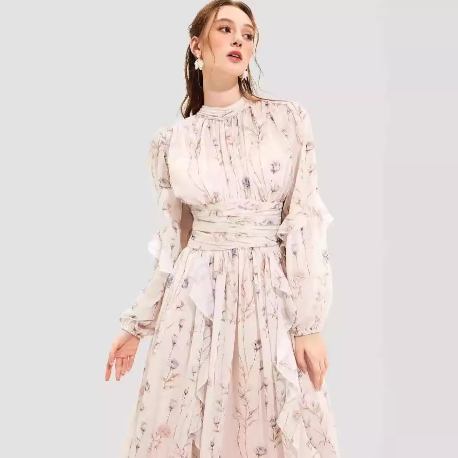 Women’s Evening Gown – Chiffon – Full Length – Long Sleeve – Ruffle – Printed