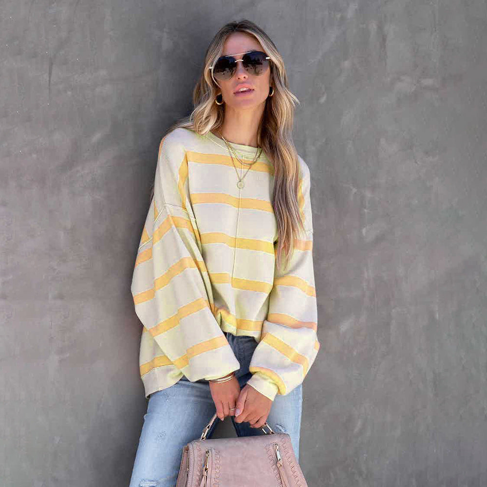 Women’s Oversized Sweatshirt - Crew Neck - Striped - Dropped Shoulder - Ribbed Cuffs
