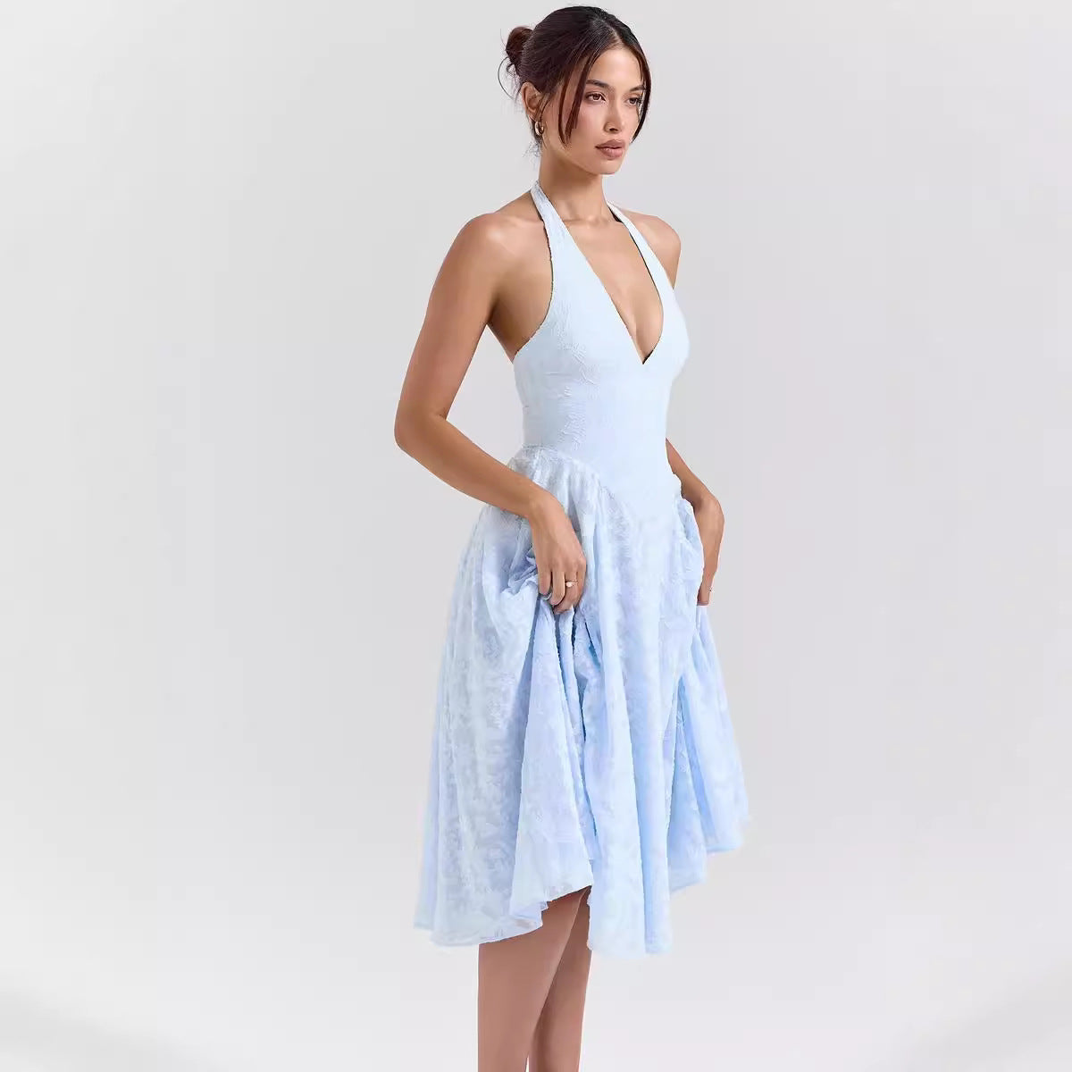 Women’s Halter Dress – Slim Fit – Satin Finish – Deep V-Neck – Midi A-Line Skirt
