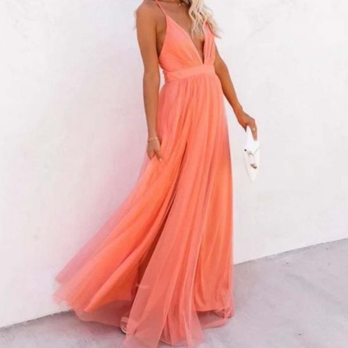 Women’s Maxi Dress – Sleeveless V-Neck – Cinched Waist – Flowy Lightweight Fabric