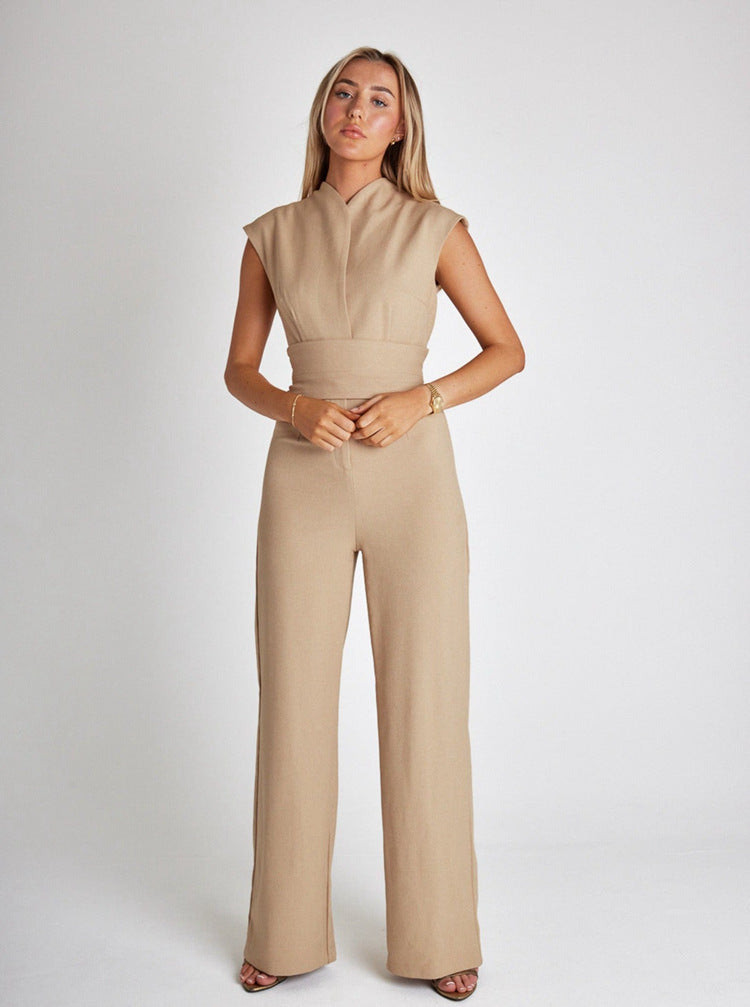Women's Jumpsuit - Sleeveless Wide-Leg Design - High-Waisted Elegant Fit