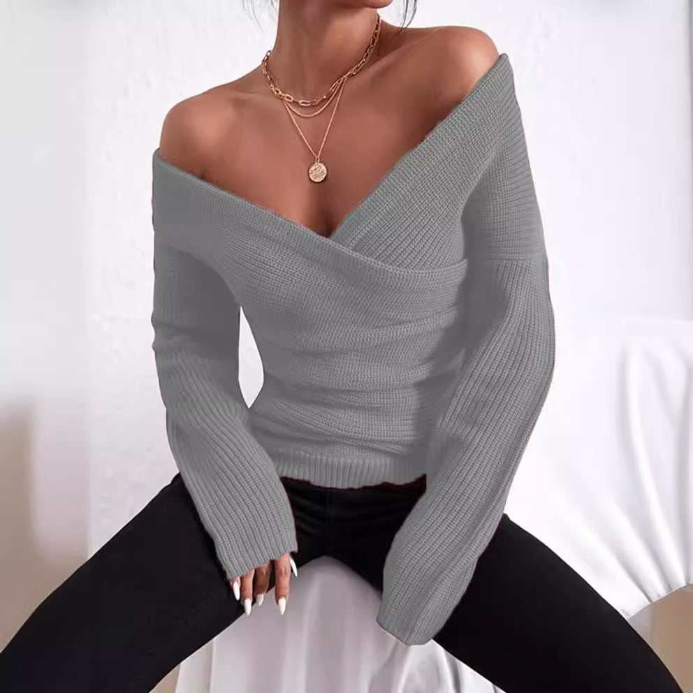 Women’s Sweater – Slim Fit – Ribbed Knit – Off-Shoulder – Wrap V-Neck – Pullover Style