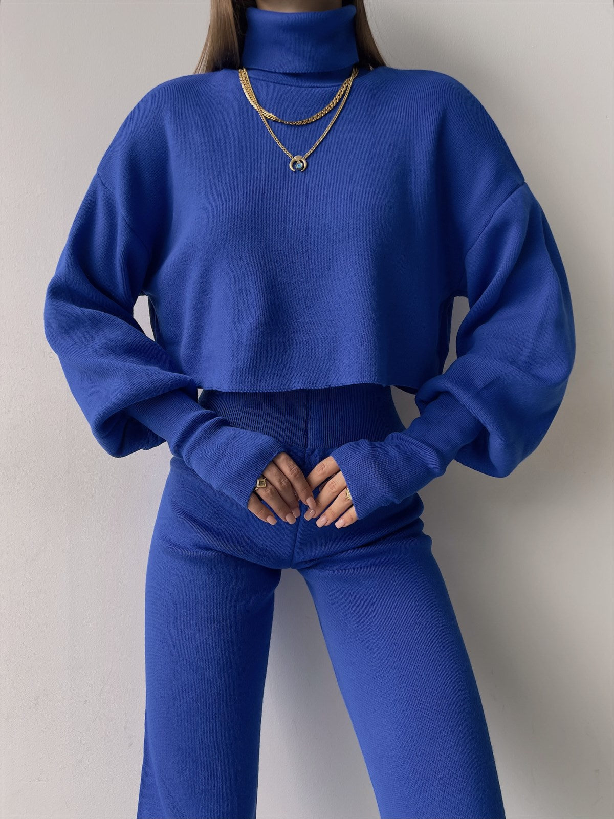 Women's high collar loose long-sleeved tops and pants set