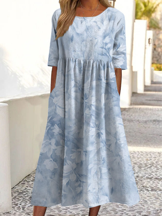Women's Boho Dress - Relaxed Fit - Three-Quarter Sleeve - Midi Length