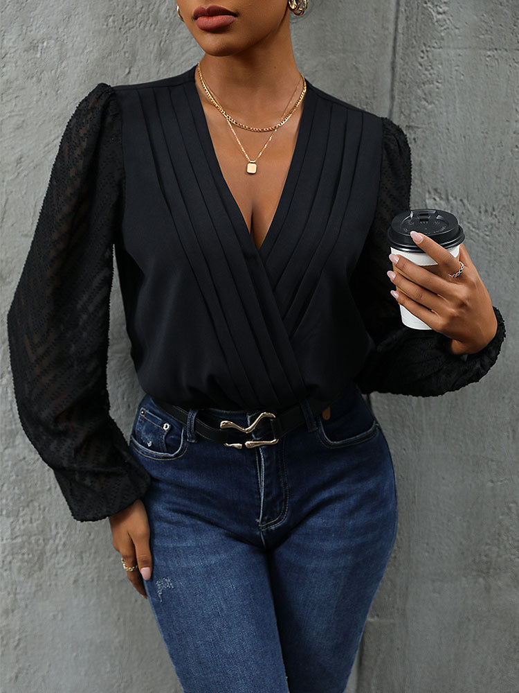 Sheer Patterned Wrap V-Neck Blouse