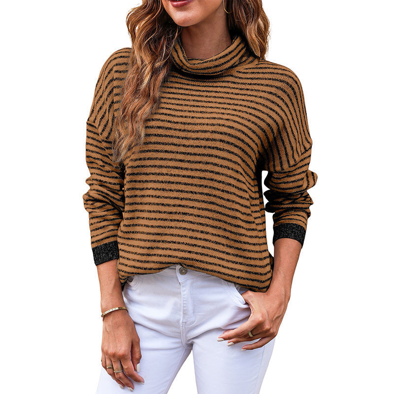 Women’s Turtleneck Knit Sweater – Relaxed Fit – Wool Blend – Striped – Ribbed Trim