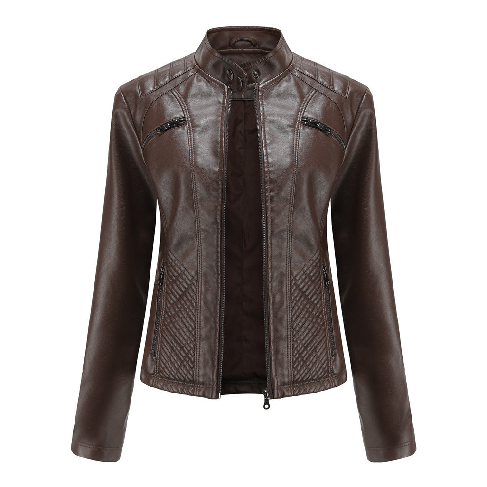 Women's casual faux leather stand-up collar jacket
