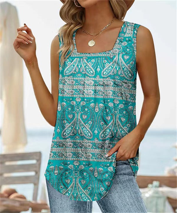 Women’s Sleeveless T-Shirt – Square Neck Vest – Floral Print – Relaxed Fit – Breathable Blend