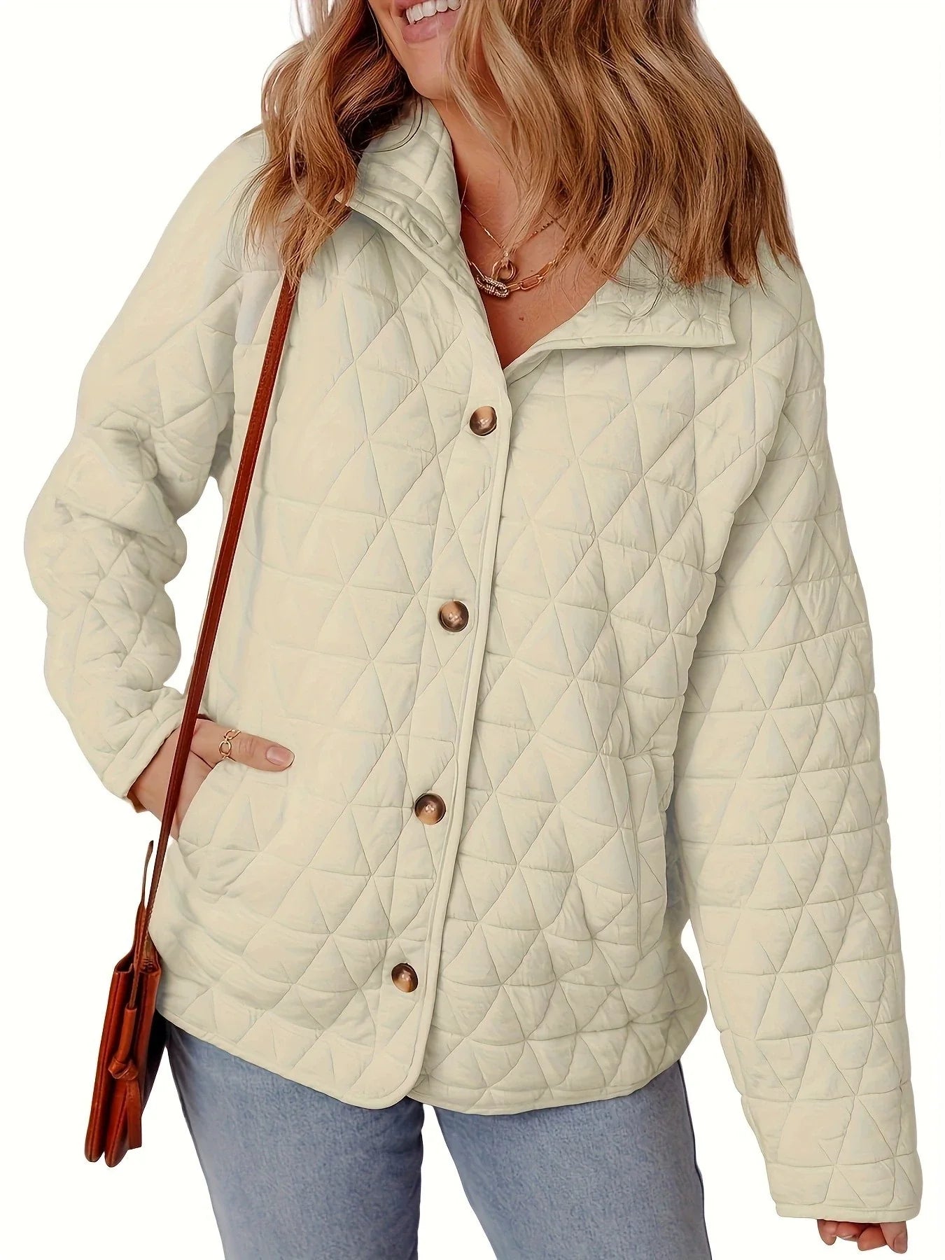 Women’s Quilted Coat – Cotton – Oversized Fit – Button Front – Round Neck – Mid Length