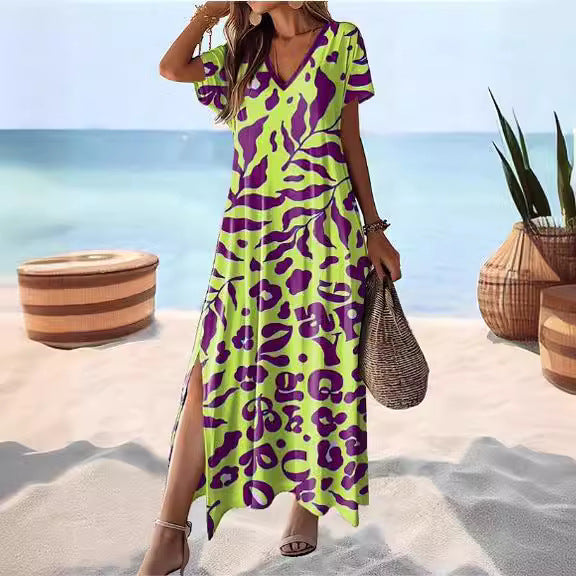 Women’s Maxi Dress – Relaxed Fit – V-Neck – Short Sleeve – Breathable – Side Slit